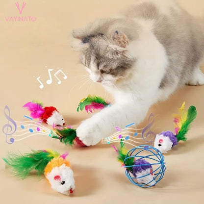 Petzlifeworld 3 Pcs Interactive Cat Metal Ball with Feather Mouse