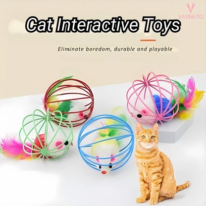 Petzlifeworld 3 Pcs Interactive Cat Metal Ball with Feather Mouse