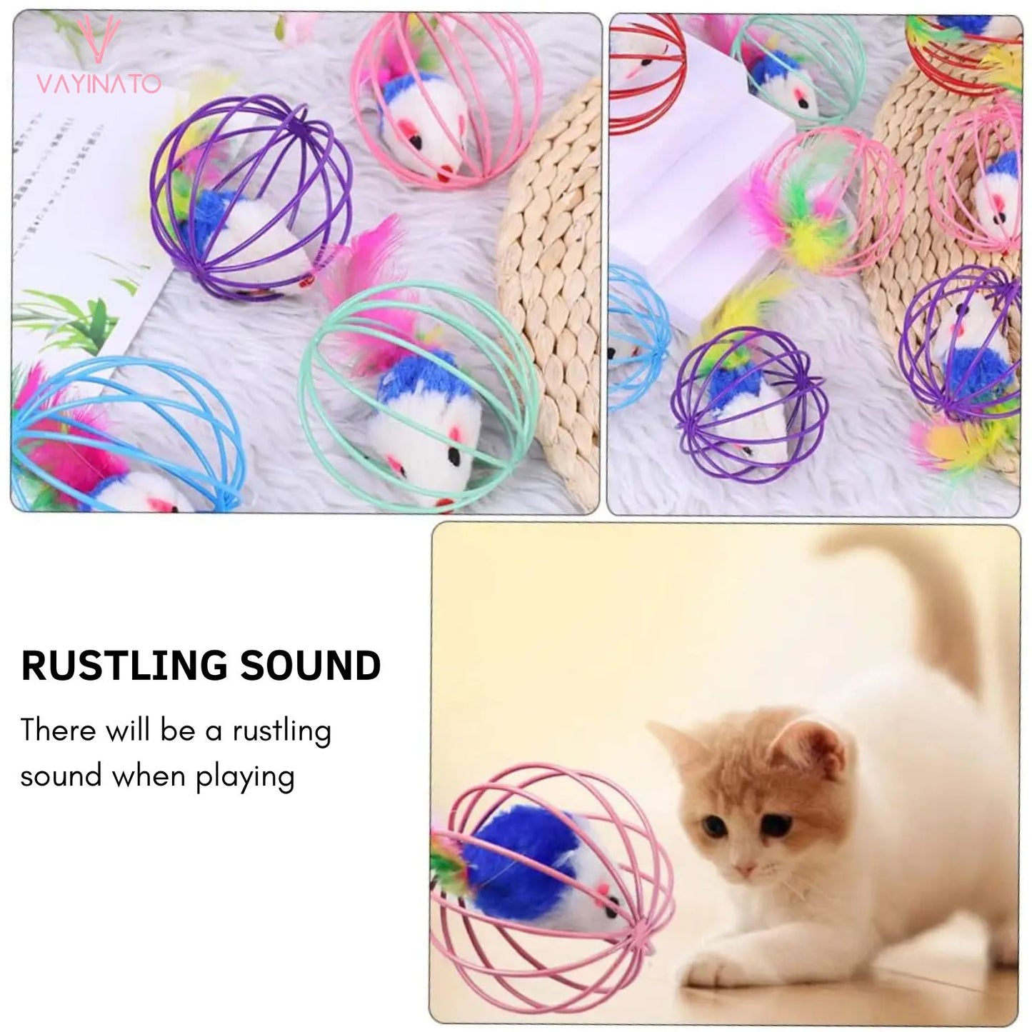 Petzlifeworld 3 Pcs Interactive Cat Metal Ball with Feather Mouse