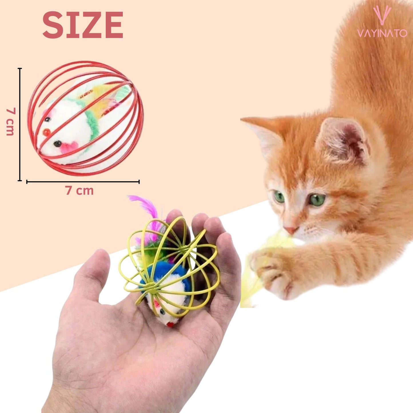 Petzlifeworld 3 Pcs Interactive Cat Metal Ball with Feather Mouse