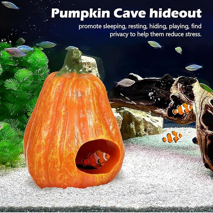 Petzlifeworld Pumpkin Aquarium Decor Ornaments, Fish Hiding Breeding Cave | Reduce Stress and Encourage Spawning | Underwater Landscape Decorations