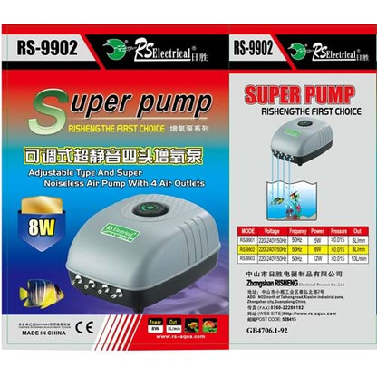 RS Electrical (RS-9902) Adjustable Type and Super Noiseless Aquarium Air Pump with Air Tube & Air Stone | Output :8L/Min | Power : 8W | Pressure : 0.015mpa (4 Air Outlets)