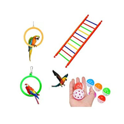 Petzlifeworld Bird Cage Hanging Ring Swing Toy (2 Pcs) + Plastic Climb Ladder Toy (1 Pcs) + Bell Ball Toy (2 Pcs) Combo for Cockatiel, Love Bird, Budgie, Finches, Macaws, Conures, Sparrow, etc.