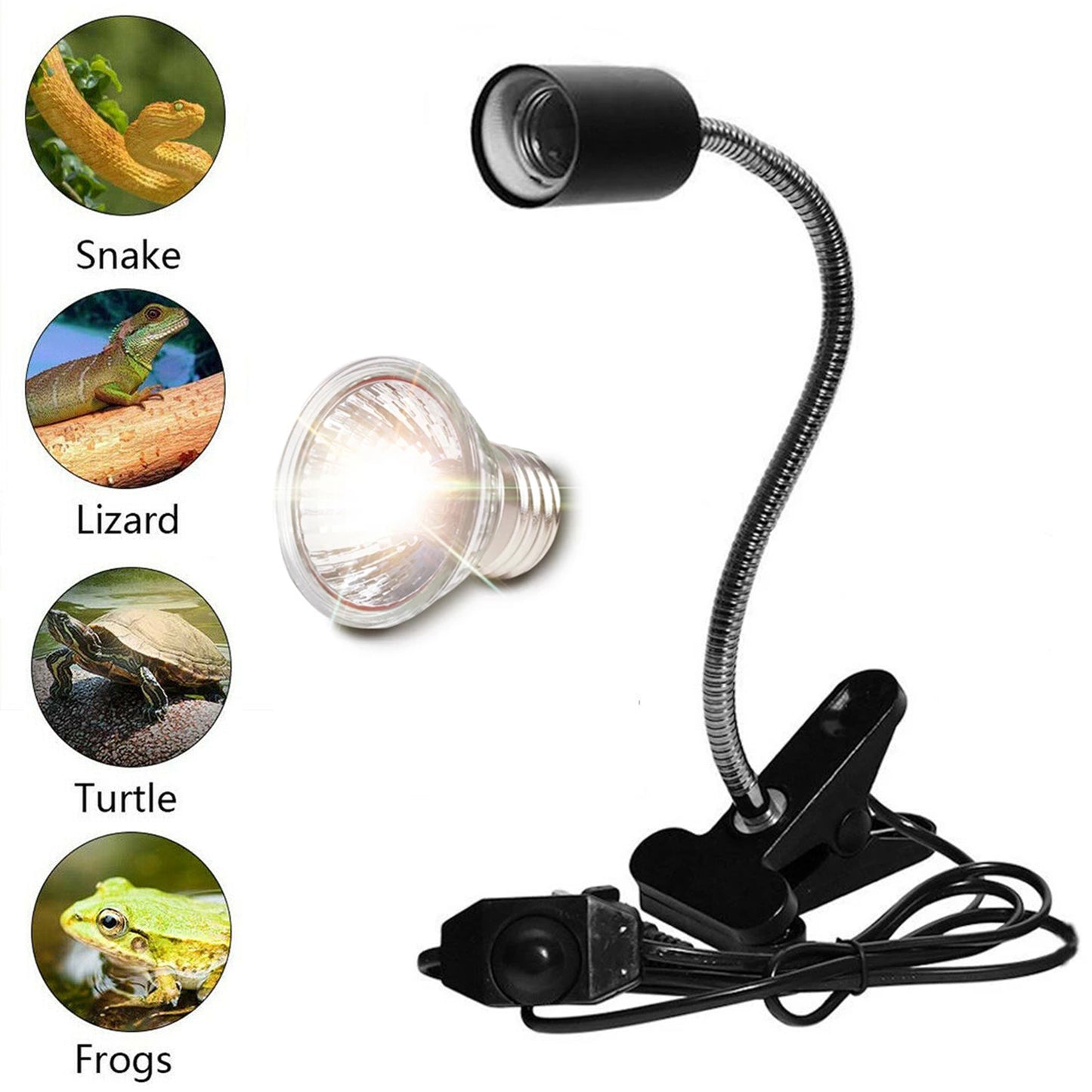 PetzLifeworld 50W Black Reptile Heat Lamp Turtle Lights with Clip, UVA UVB Bulbs Aquarium Basking Lamp Adjustable Holder and Intensity Suitable for Birds During Winter and Reptiles