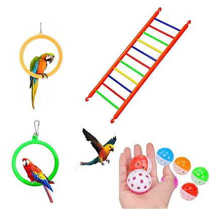 Petzlifeworld Bird Cage Hanging Ring Swing Toy (2 Pcs) + Plastic Climb Ladder Toy (1 Pcs) + Bell Ball Toy (2 Pcs) Combo for Cockatiel, Love Bird, Budgie, Finches, Macaws, Conures, Sparrow, etc.