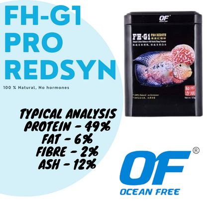 Ocean Free FH-G1 Pro Redsyn (Original) Flower Horn Fish Food, 120G | Natural Colour Enhancer with Nuchal Hump Promoter